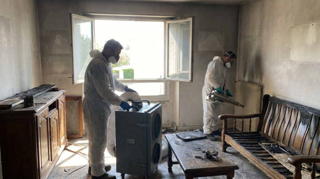 Fire restoration technicians use air filtration and deodorization equipment to remove smoke odors from a fire-damaged home in Alexandria.