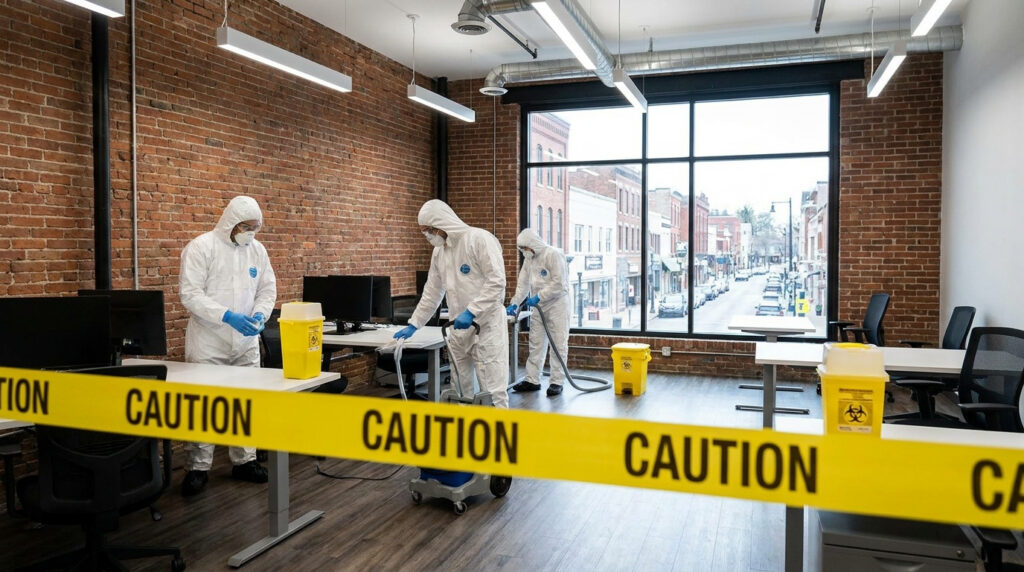 Biohazard cleanup team decontaminating an office