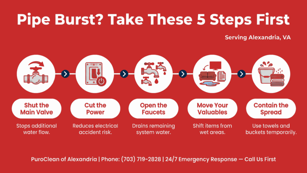 Five immediate steps to take after a burst pipe in Alexandria, VA.