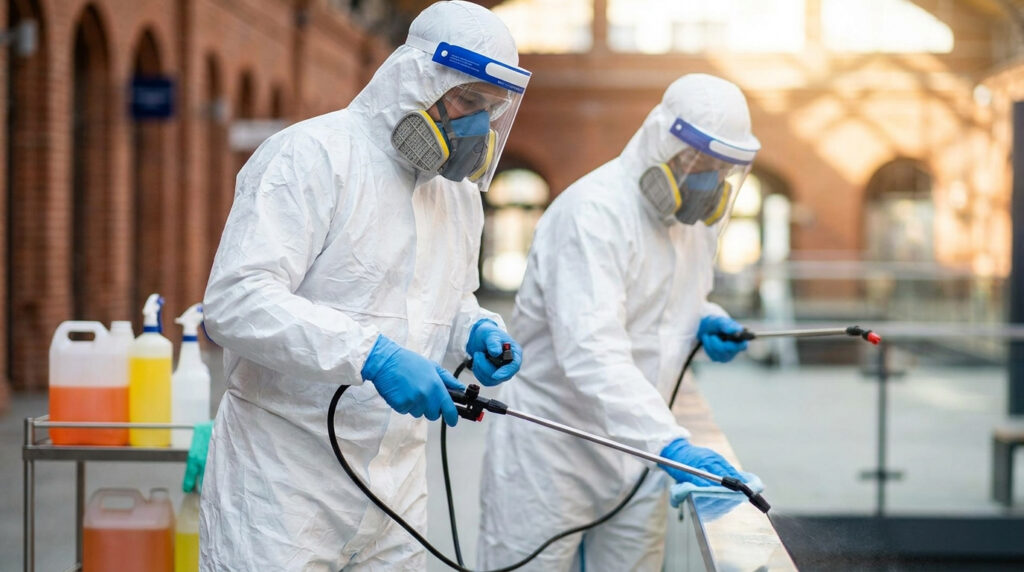 Technicians wearing protective suits, respirators, face shields, and gloves apply disinfectant to surfaces during infectious disease cleanup.