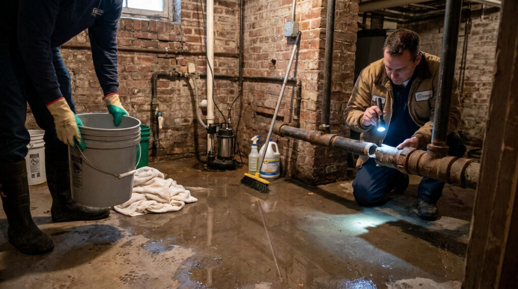 Technicians inspecting burst pipe water damage in an Alexandria basement.