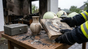 Firefighter handling smoke-damaged belongings after a house fire