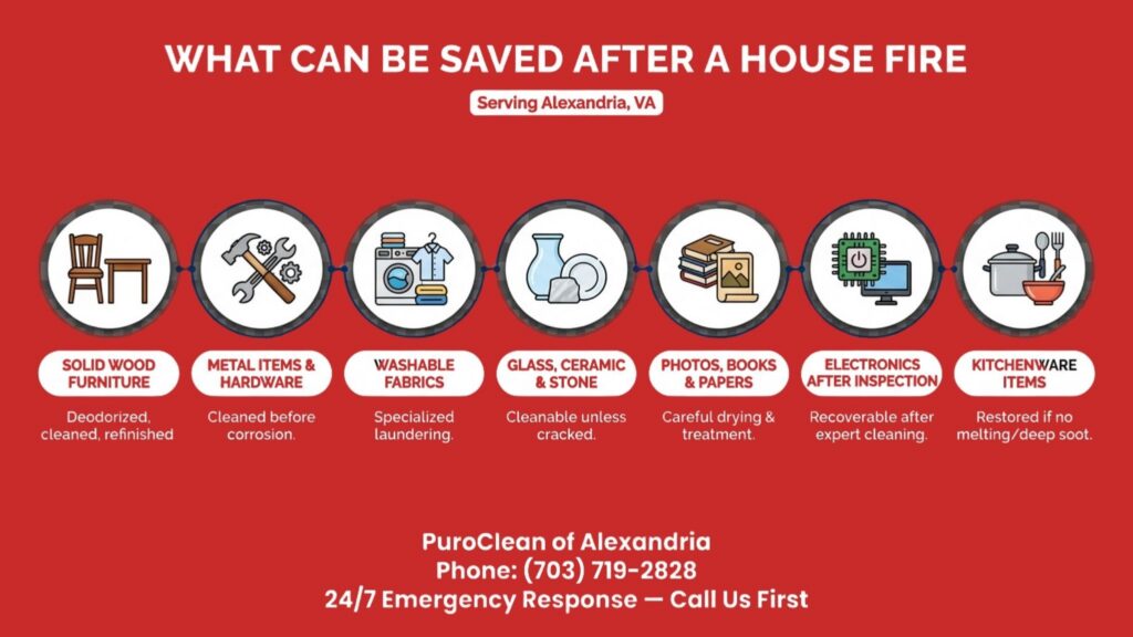 Salvageable items after a house fire in Alexandria VA