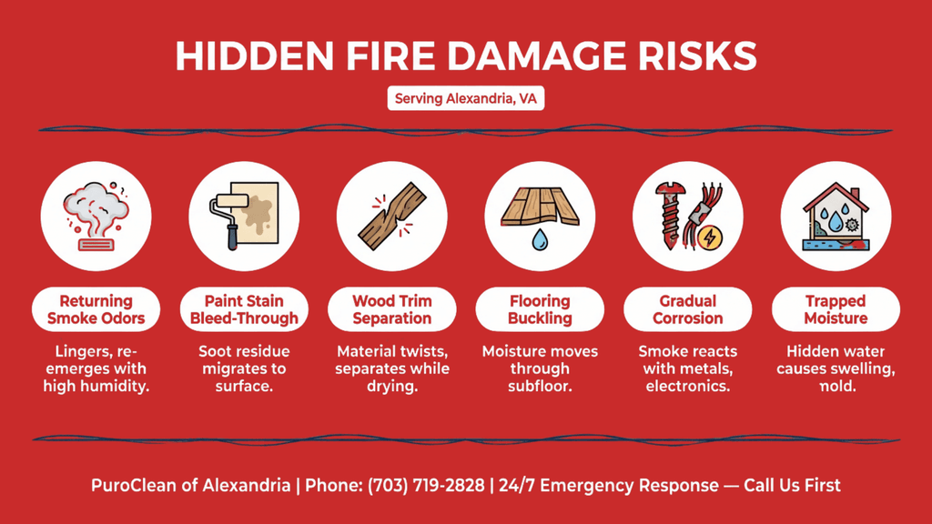 Infographic listing hidden fire damage risks to walls and floors over time, such as paint stain bleed-through, wood trim separation, and flooring buckling