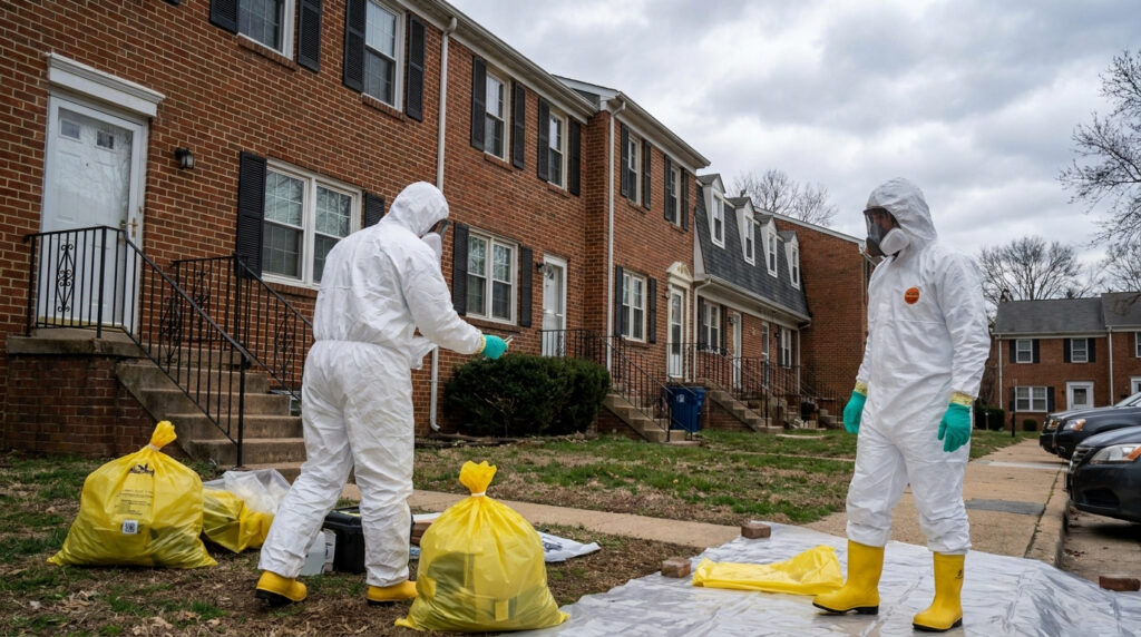 Biohazard cleanup crew wearing PPE in Alexandria VA