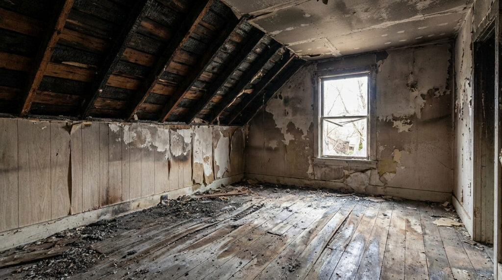 Fire-damaged attic room showing charred ceiling rafters, peeling soot-stained walls, and deteriorated wooden flooring.