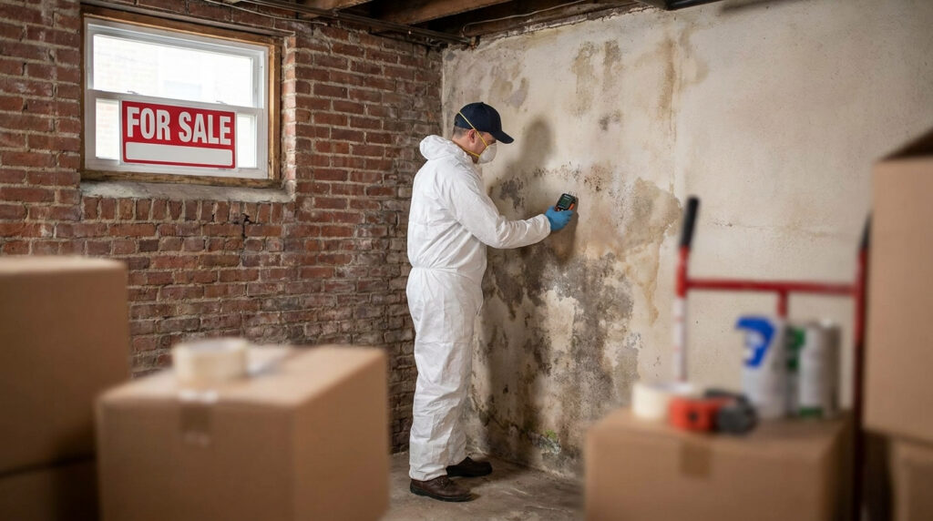 Mold inspector examining basement wall before a home sale