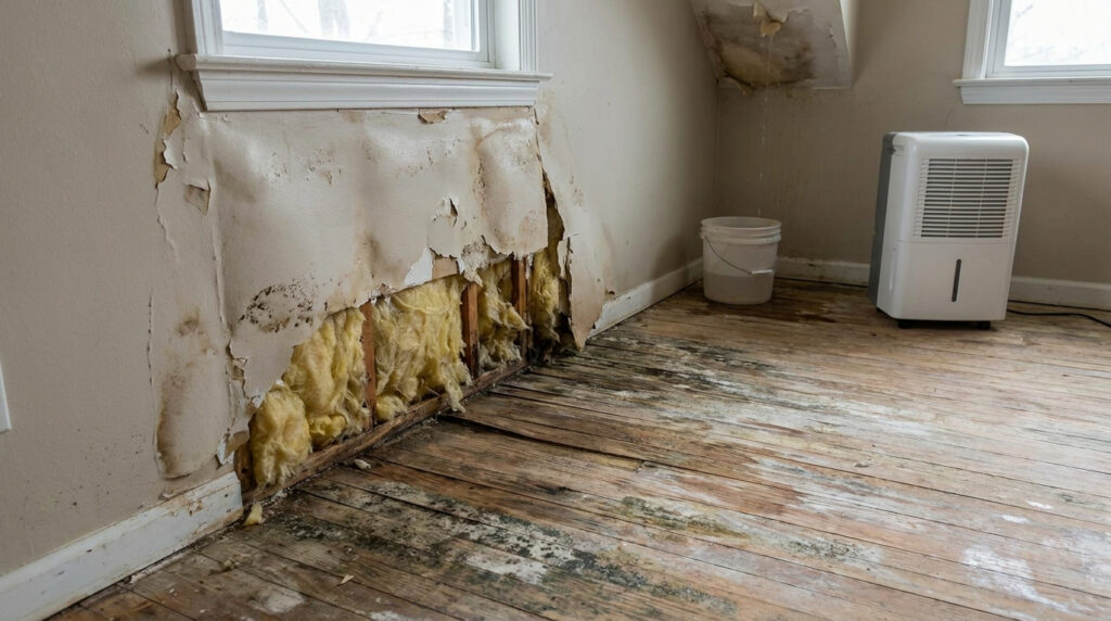Severe water damage showing peeling drywall, exposed wet insulation, and warped hardwood flooring inside an Alexandria home.