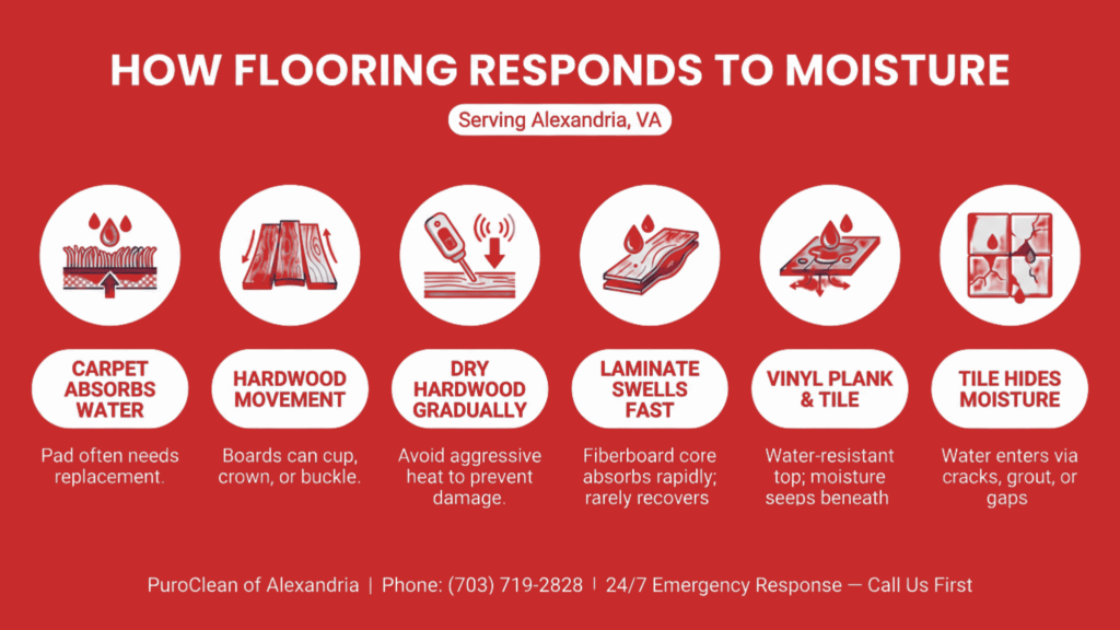 Infographic illustrating how different flooring materials—including carpet, hardwood, laminate, and tile—respond to moisture and water damage in Alexandria.