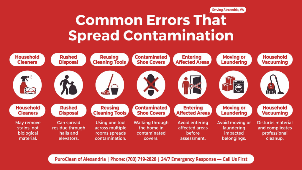 A red infographic titled "Common Errors That Spread Contamination" with seven illustrated examples. TITLE