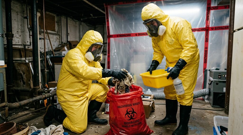 Two workers in yellow hazmat suits and gas masks dispose of hazardous waste in a