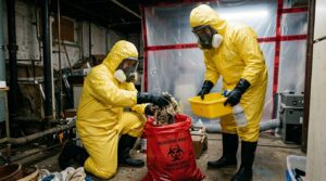 Two workers in yellow hazmat suits and gas masks dispose of hazardous waste in a