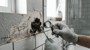 Gloved technician using a magnifying tool to inspect dark mold growth on a wall above bathroom tile.