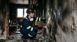 A professional in safety gear crouches to examine a burnt wall in a fire-damaged