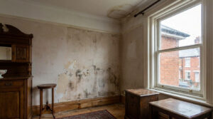 Water-damaged drywall with peeling paint and moisture staining in an Alexandria home.