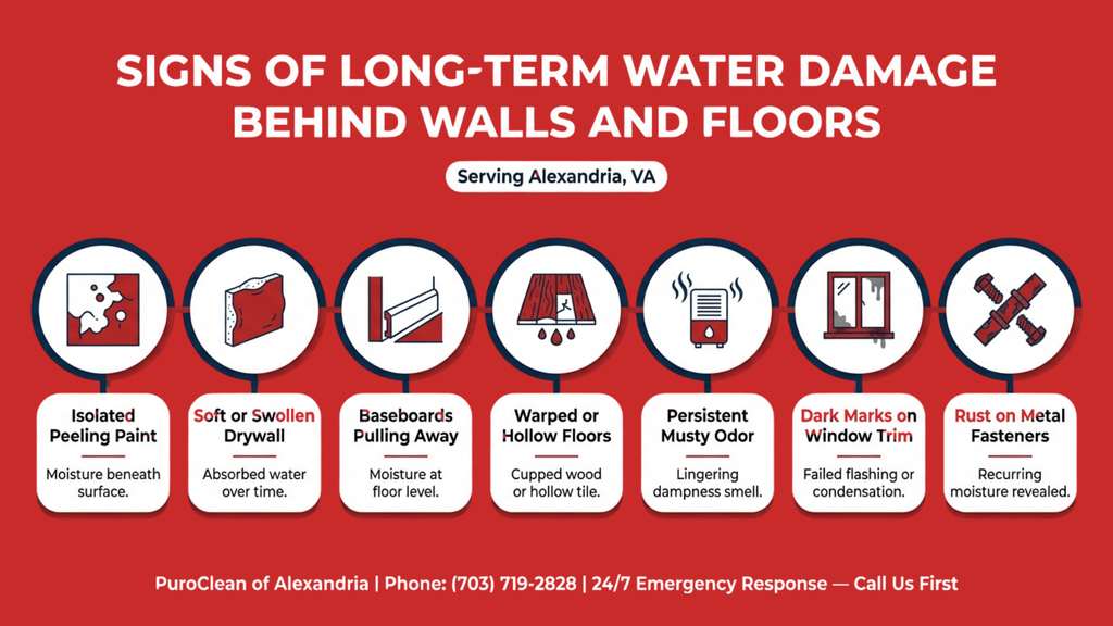 Infographic by PuroClean of Alexandria illustrating seven signs of long-term water damage behind walls and floors, including peeling paint, swollen drywall, warped floors, and musty odors.