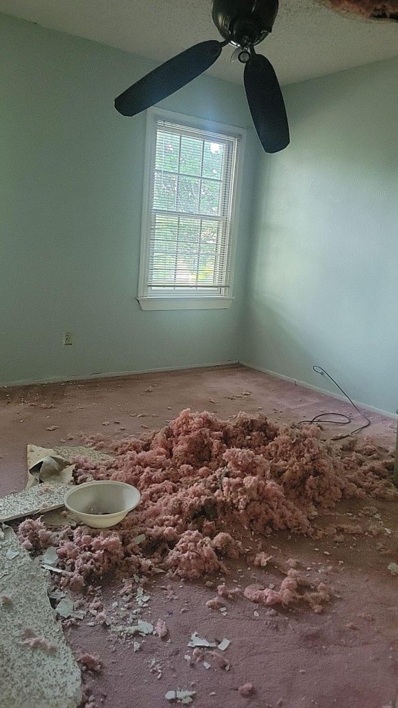 A collapsed ceiling from water damage.