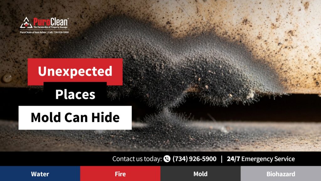 Discover unexpected places mold can hide in your home. Learn how PuroClean of Ann Arbor provides expert mold remediation experts and removal services. Call (734) 926-5900 today.