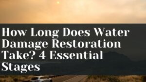 A hazy desert landscape with mountains and a road, overlaid with text about water damage restoration stages