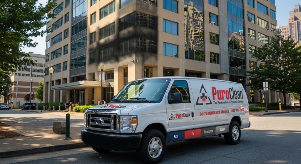 PuroClean arriving on-site at a commercial mixed-use building with smoke and soot damage shown on the building. 