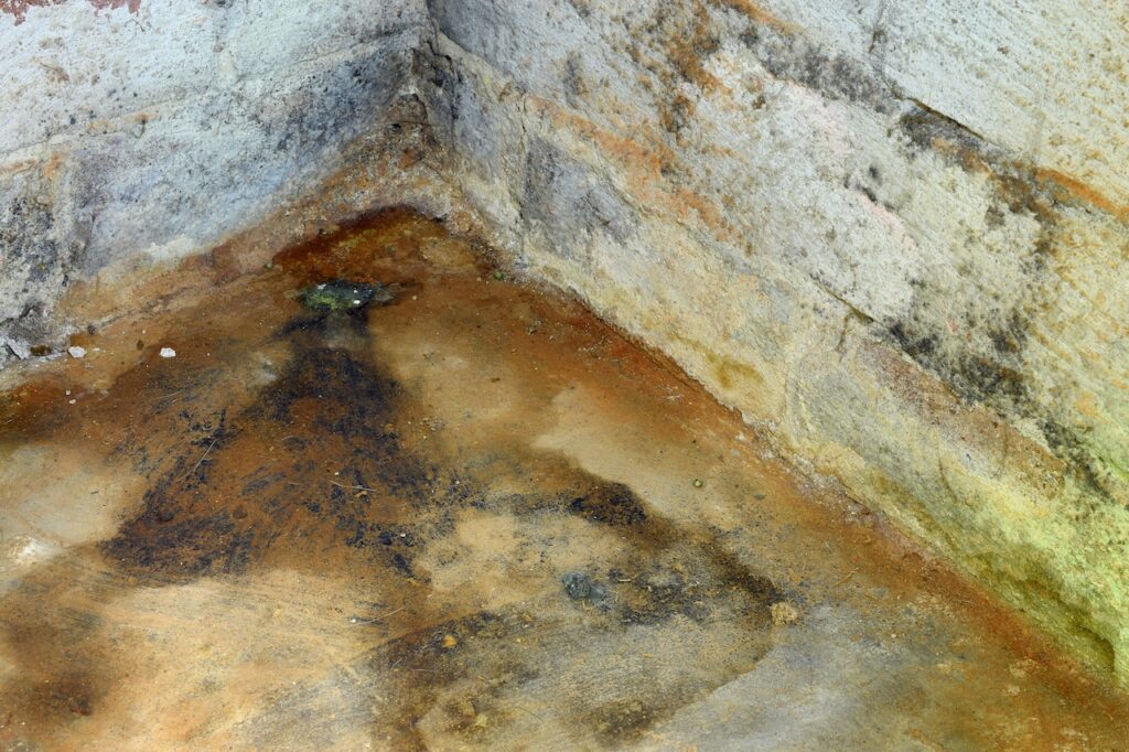 Dark stains and water pooling in a basement corner, indicating potential water damage.