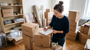 Woman writing an inventory list on a clipboard beside moving boxes labeled by room