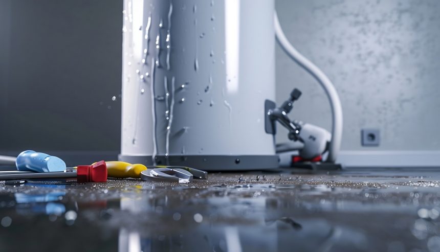 "Leaking water heater causing water damage."