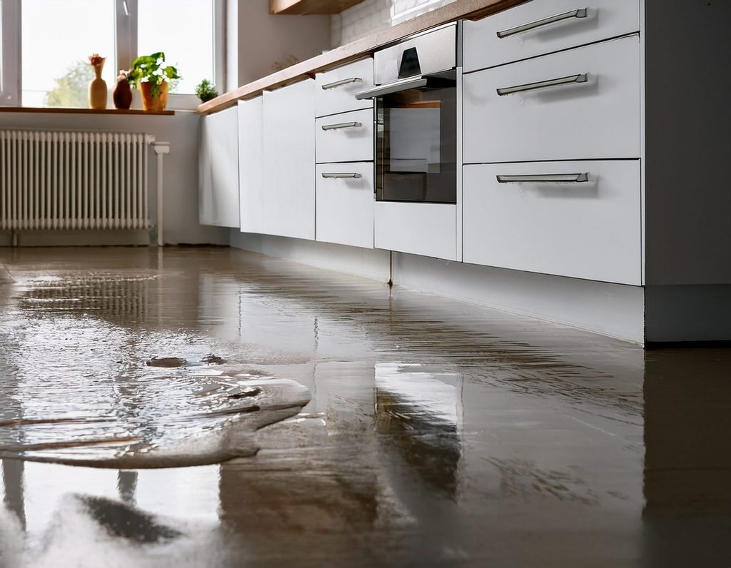 Standing water on a kitchen floor and cabinet bases, showing what may need to be replaced after water damage