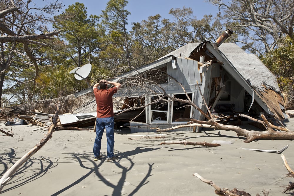 A person surveys a severely damaged house surrounded by fallen trees after a storm.