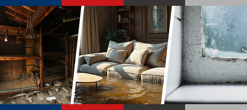 Property damage triptych: fire damage, flooded living room