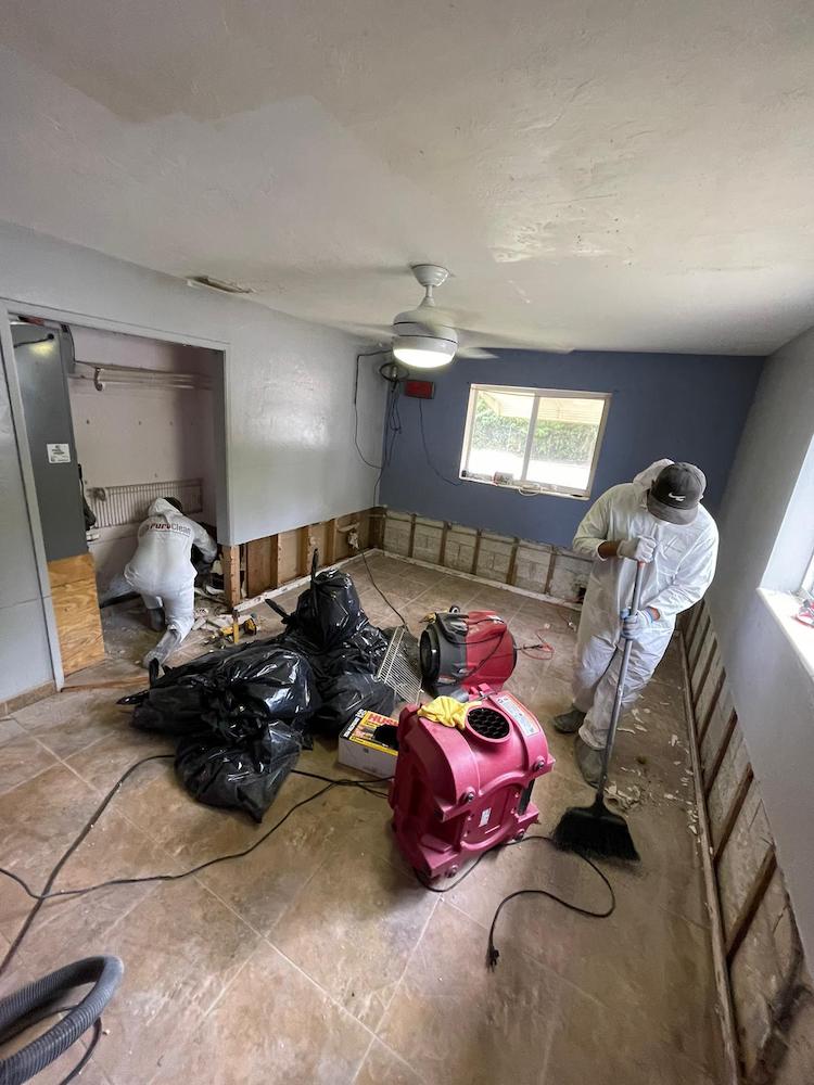 Two workers in protective suits remediate a room with exposed wall studs and drying equipment.