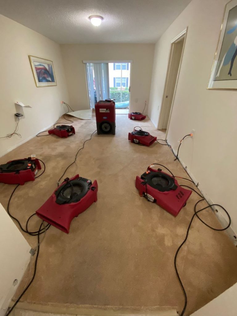 A room with beige carpet is being dried by several red air movers and a large dehumidifier.