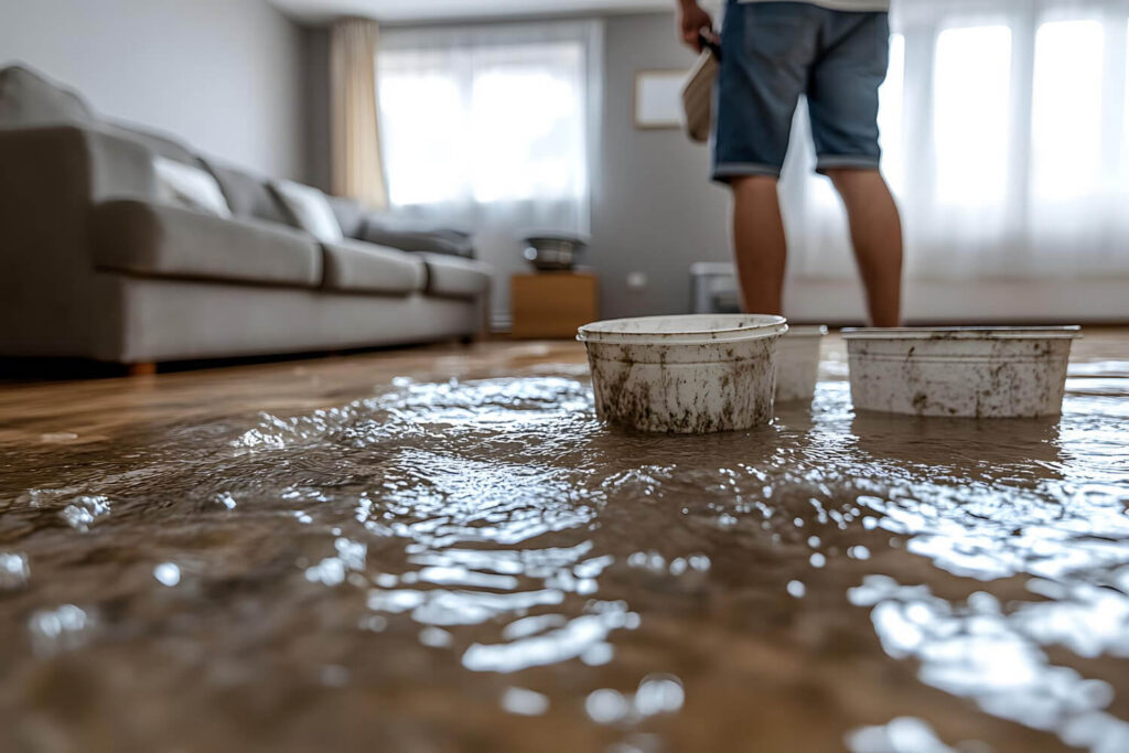 Flooded living room floor water damage