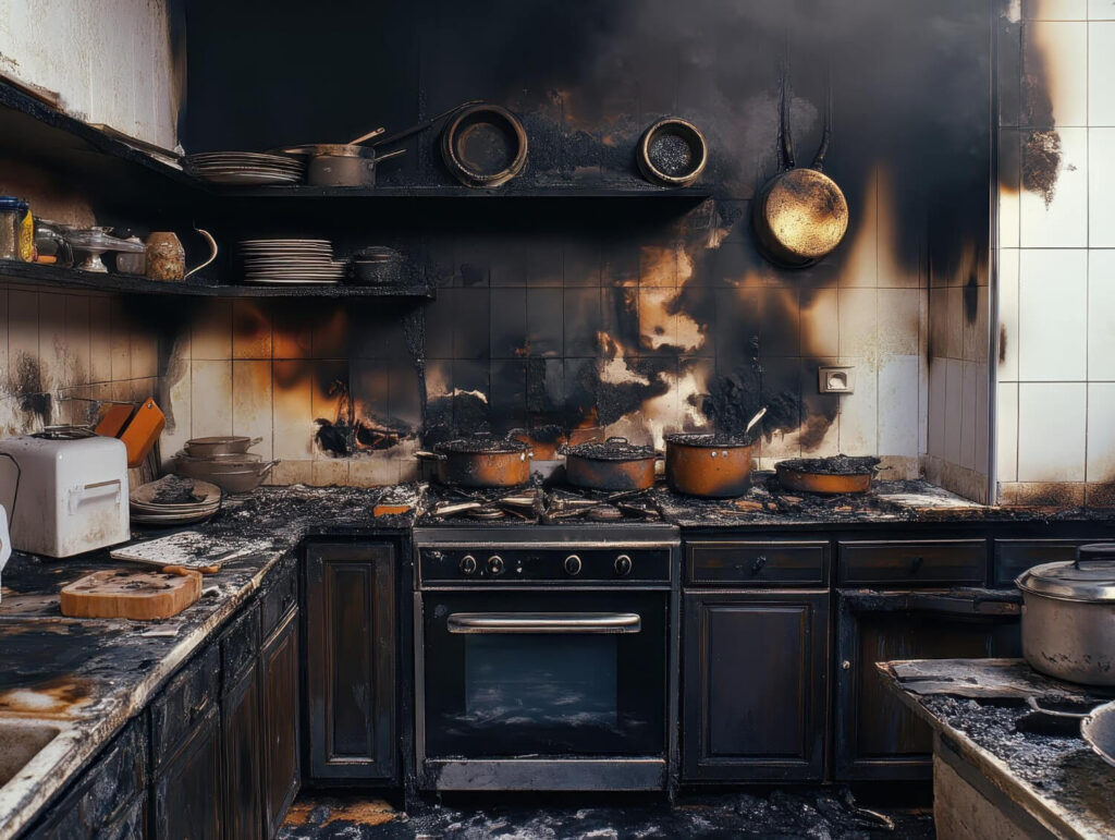 Fire-damaged kitchen soot, smoke walls