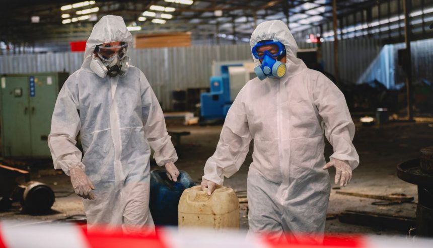 Two workers in protective suits and masks carry a container in a hazardous environment.