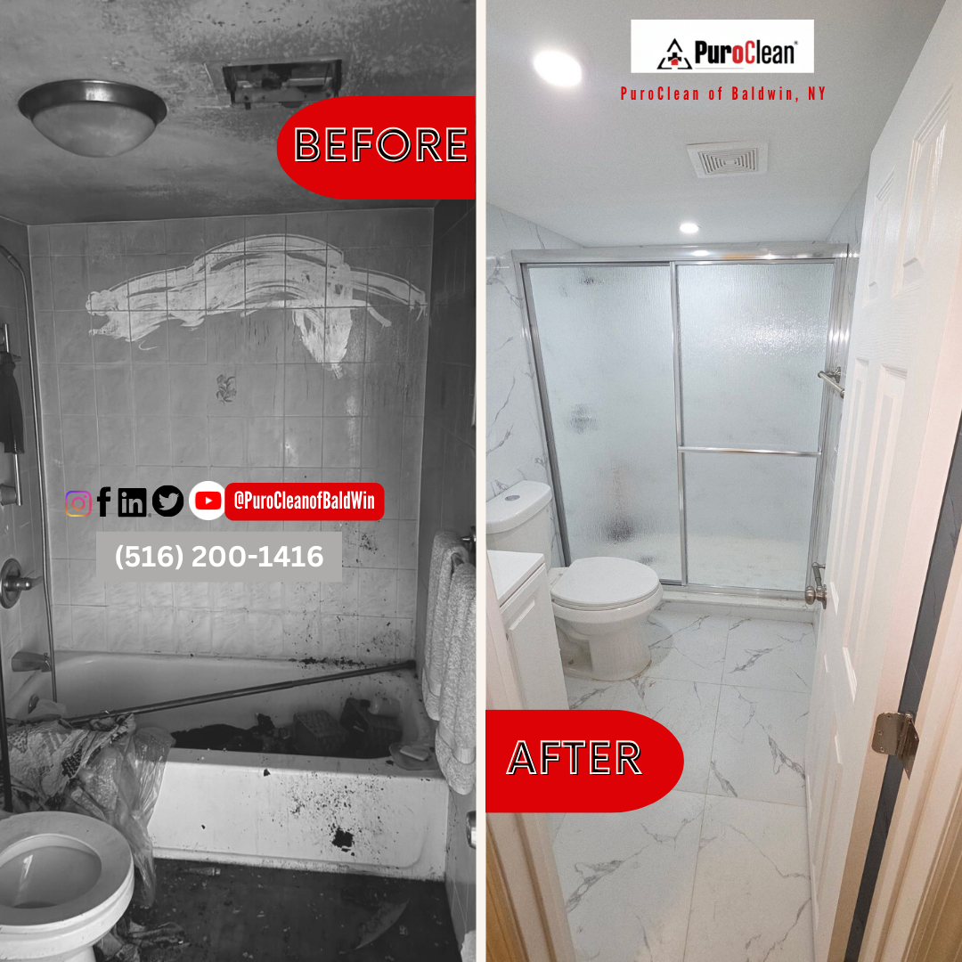 Before and after images of a basement bathroom, showcasing significant cleaning and renovations.