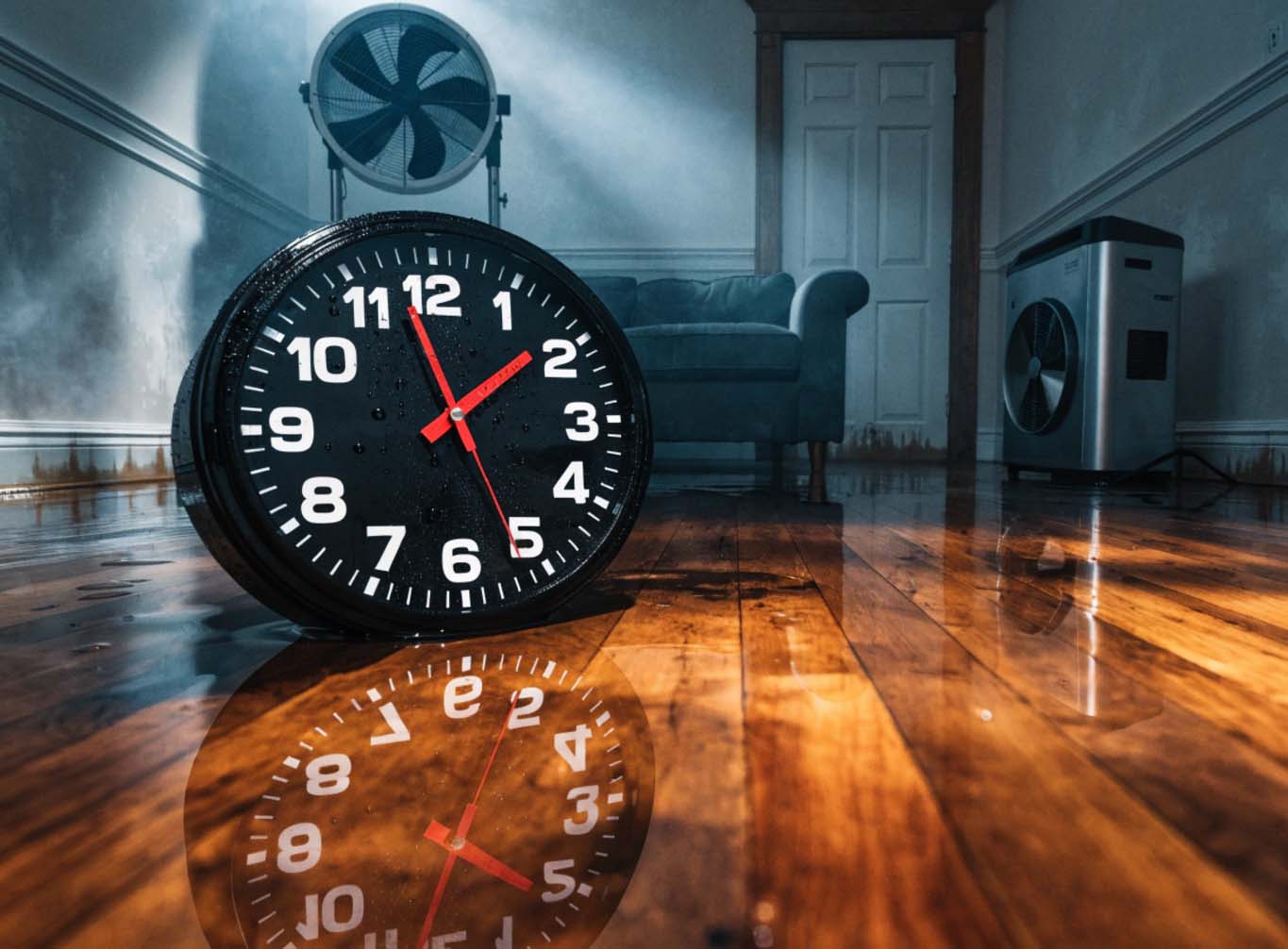 A large black clock with red hands lies on a wet wooden floor, reflecting in the water.