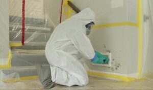 Worker in hazmat suit cleaning dark mold from a wall next