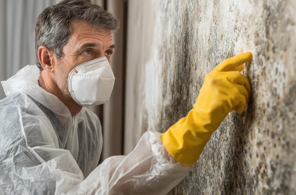 Mold remediation specialist in PPE inspecting extensive mold on a wall