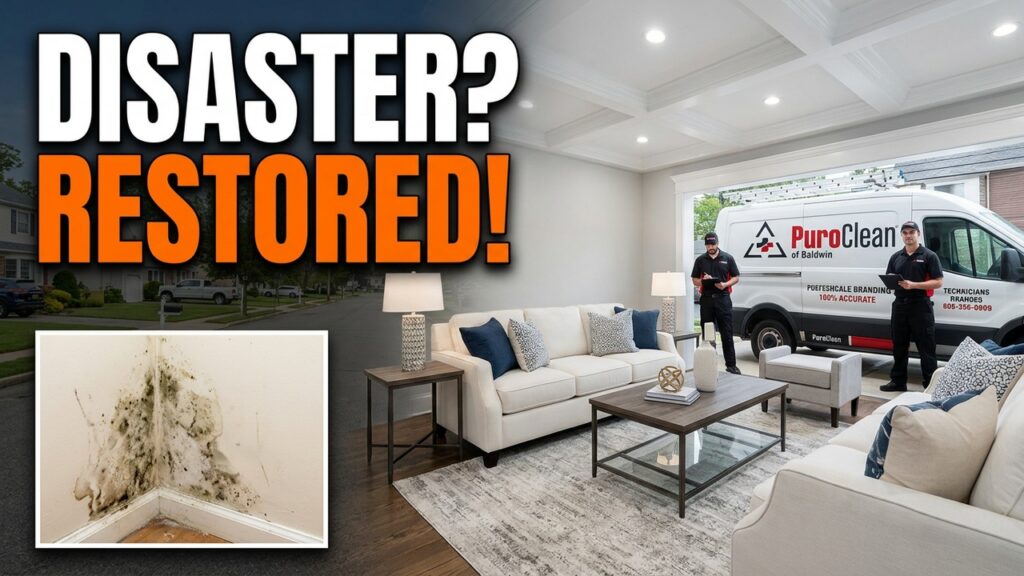 A clean living room with PuroClean technicians and van contrasts with a moldy wall, illustrating disaster