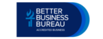 Better Business Bureau Accredited Business logo with a torch icon on a dark blue background.