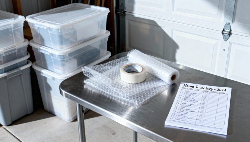 Storage bins, bubble wrap, tape, and a home inventory checklist are ready for organizing in a garage.