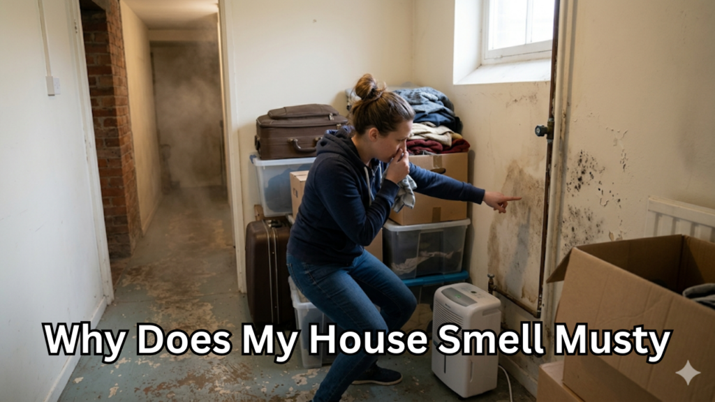 A woman holds her nose while pointing at extensive mold growth on a damp basement wall