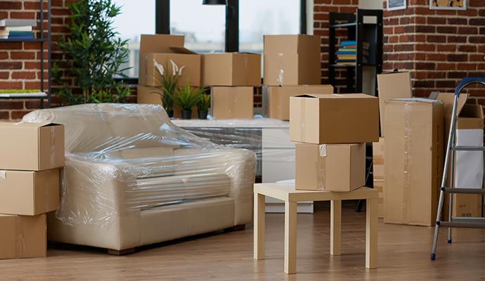 A room full of stacked cardboard moving boxes and a plastic-wrapped sofa. TITLE:
