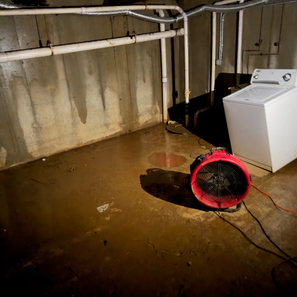 Murky water covers a basement floor with a red industrial fan and a white washing machine