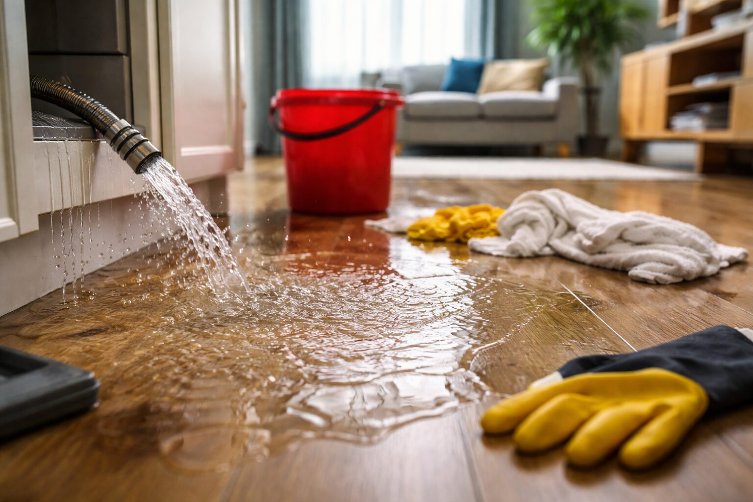 Water actively spills from a hose onto a wooden floor, with a red bucket and cleaning