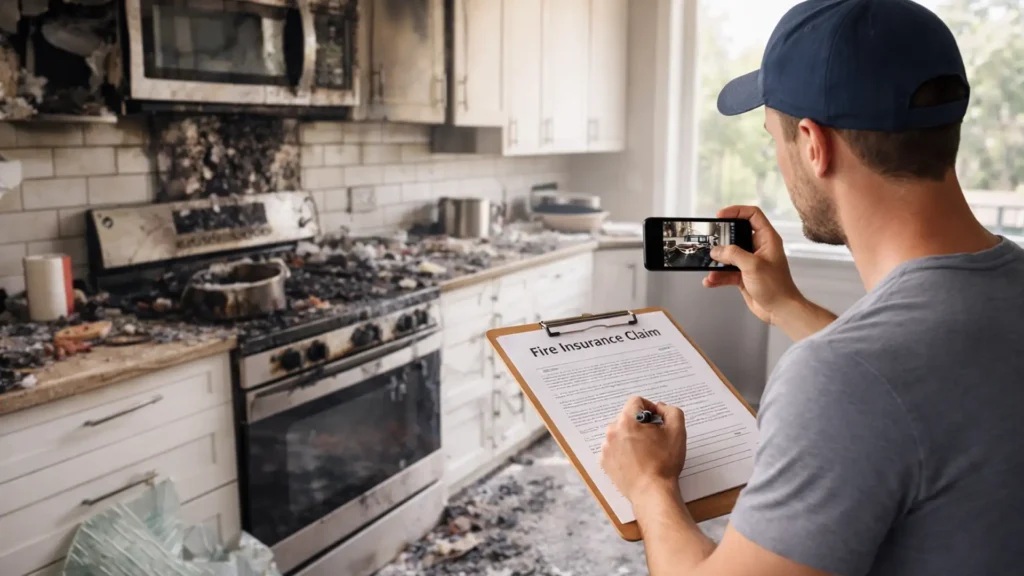 Man taking photos of a severely fire-damaged kitchen for an insurance claim.