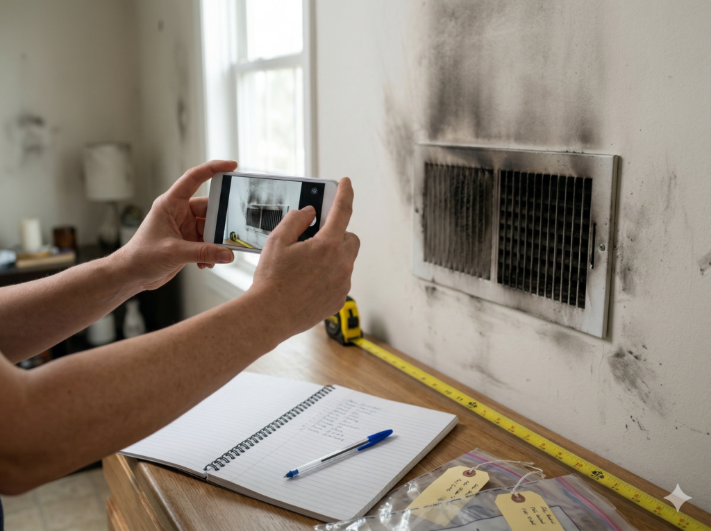 A person uses a smartphone to photograph a soot-stained air vent and wall damage during an inspection