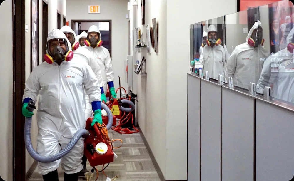 Professionals in white hazmat suits and respirators carry fogging equipment through an office