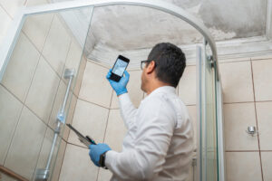 An inspector in blue gloves documents severe mold on a shower ceiling with his phone.